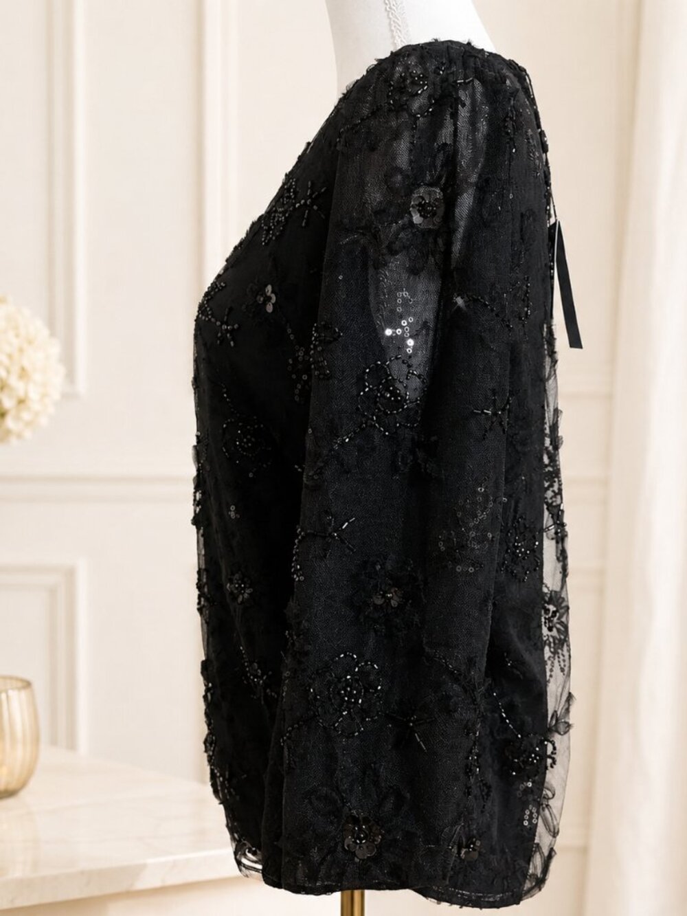 Adrianna Papell Black Beaded Mesh Blouse – Size M NWT - Picture 3 of 5